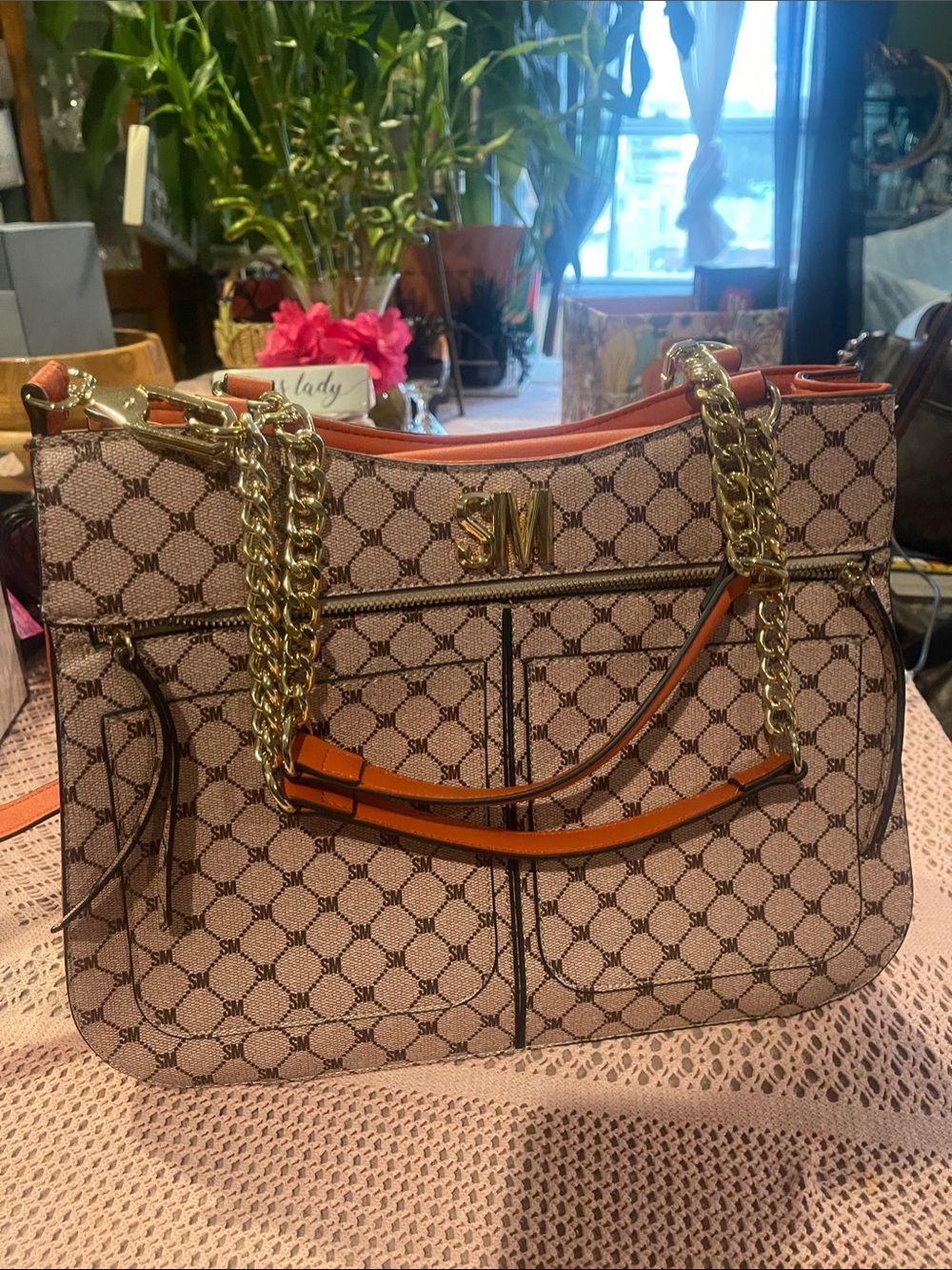 Signature Monogram Tote Bag in Beige with Orange Trim by Steve Madden